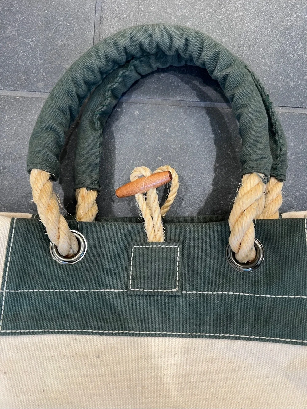 Wathne Cream and Dark Green Canvas Tote with Rope Handles